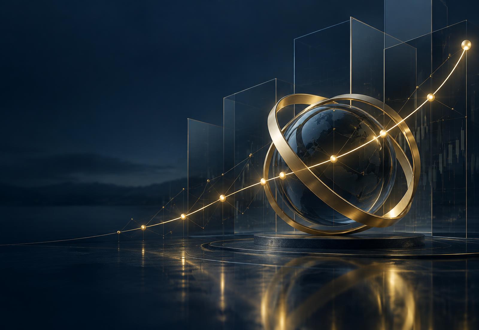 Abstract gold wealth-growth curve and connected data points around a sculptural glass-and-gold financial form